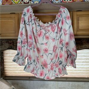 Floral Off-Shoulder Peasant Top in Pink and White 3x